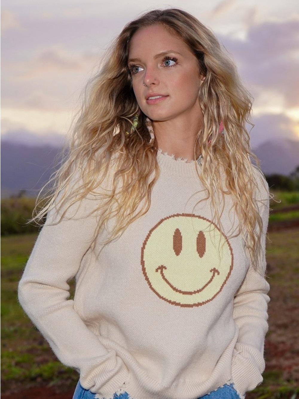 Miss Sparkling Smiley Face Sweater Small Distressed Hem Cream Cropped Knit